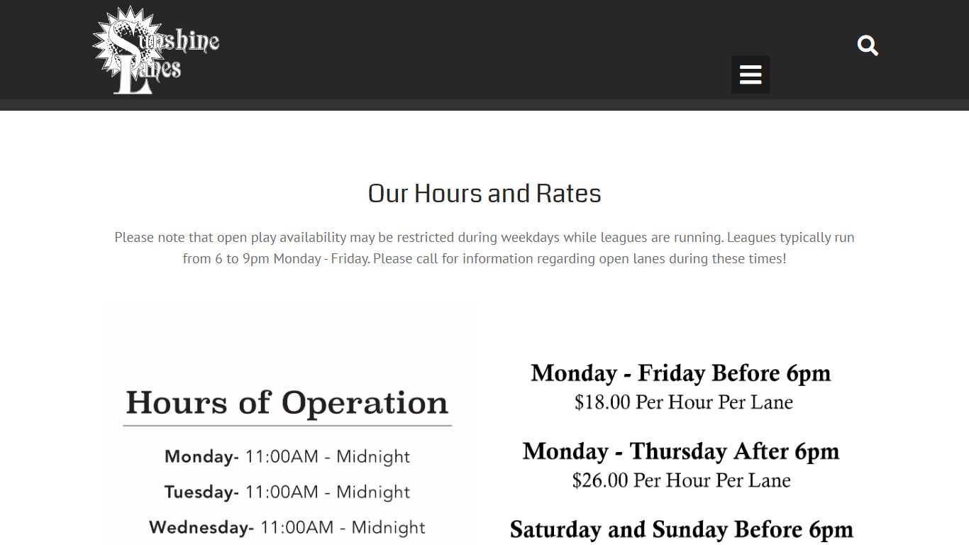 Hours and Prices - Sunshine Lanes Bowling